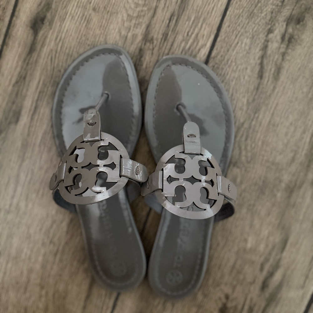 Tory Burch Charcoal Sandals with Iconic Emblem